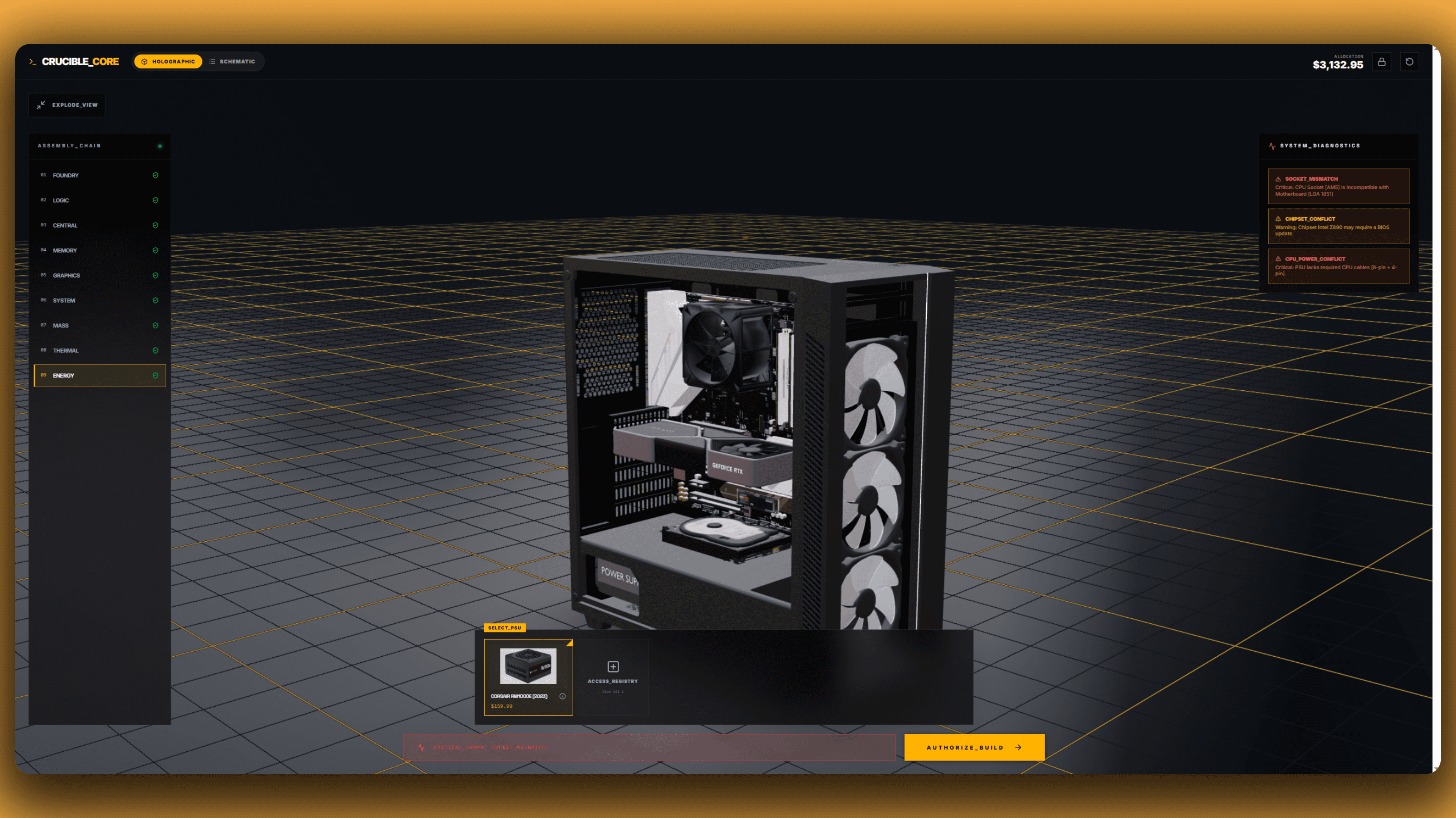 BASE 60 Crucible 3D PC builder showing an assembled computer and compatibility conflict diagnostics